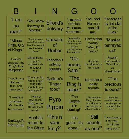 RETURN OF THE KING Bingo Card