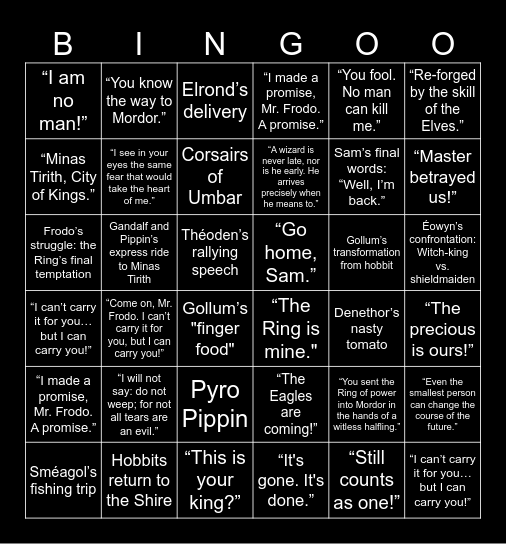 Return of the king Bingo Card