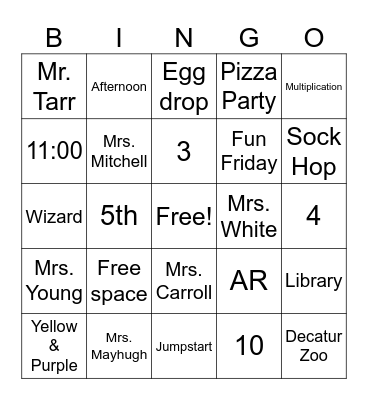 Welcome to 3rd Grade Bingo Card