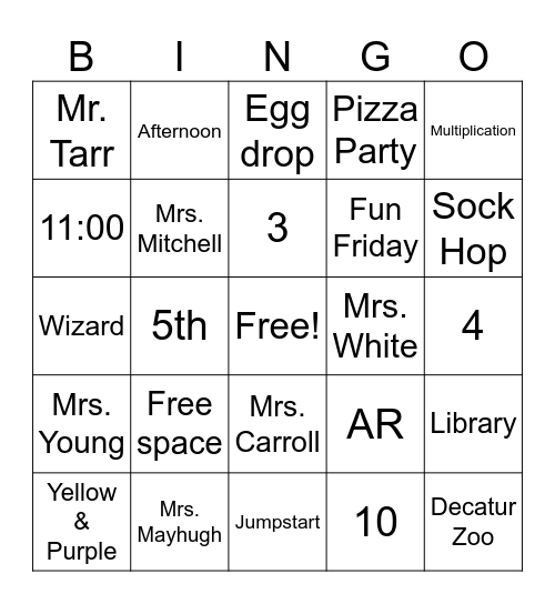 Welcome to 3rd Grade Bingo Card