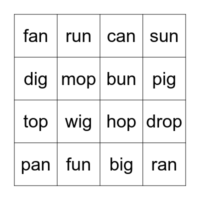 Word Families -an, -ig, -op, -un Bingo Card