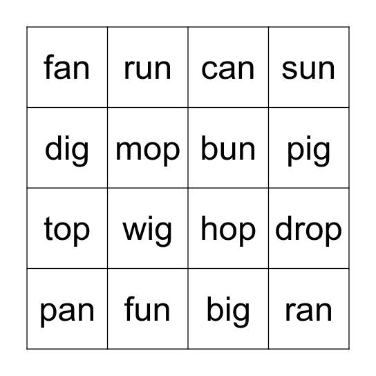 Word Families -an, -ig, -op, -un Bingo Card