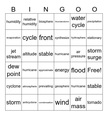 Topic 2 Weather in the Atmosphere Bingo Card