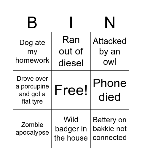 Why is James late? Bingo Card
