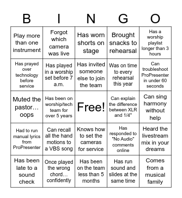 Worship/Production Team Bingo Card