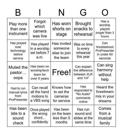 Worship/Production Team Bingo Card