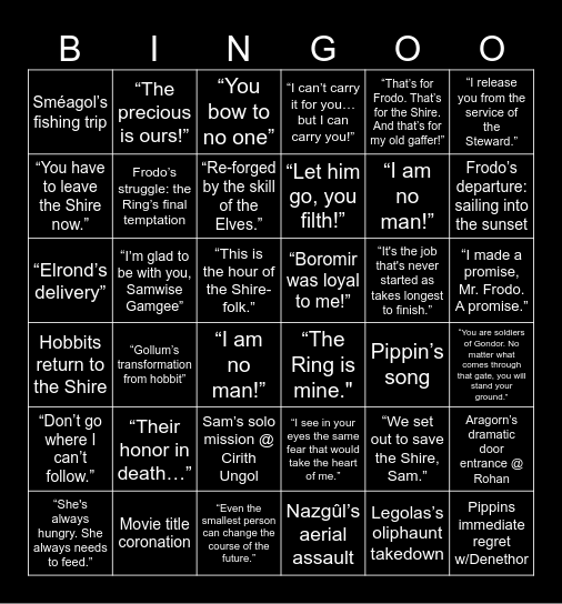 Return of the king Bingo Card