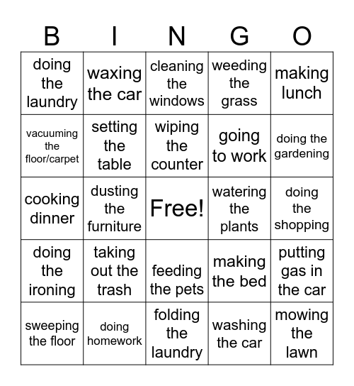 Daily Living CHORES BINGO Card