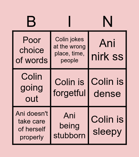 ColAni Fight BINGO Card