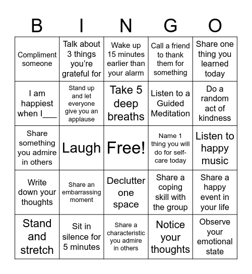 Mindfulness Bingo Card
