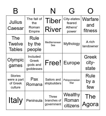 Ancient Greece and Rome Bingo Review Bingo Card