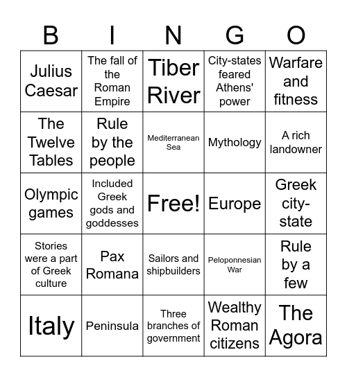 Ancient Greece and Rome Bingo Review Bingo Card