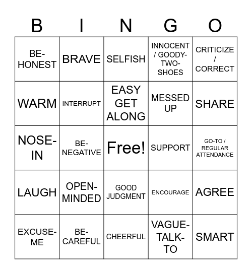 Personality Traits and Qualities (Unit 10) Bingo Card