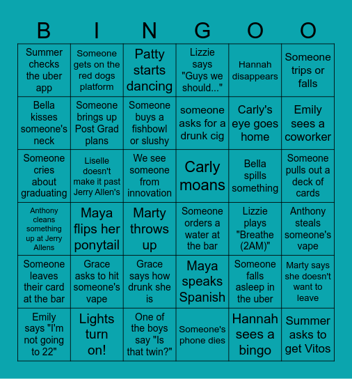 UNCW Senior Bar Crawl 2025 Bingo Card
