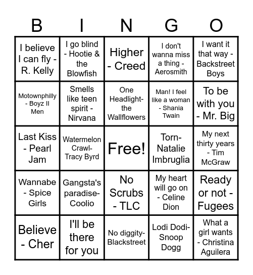 90's Music Bingo Card