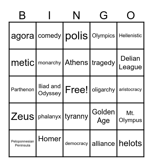 Greece Vocabulary Bingo Card
