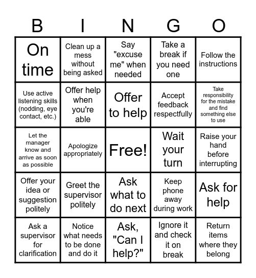 Workplace Behavior Bingo Card