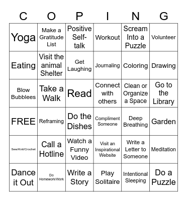 Coping Strategies Bingo Card