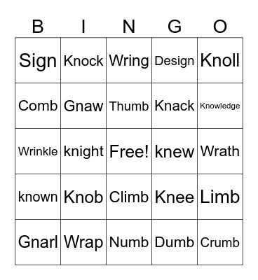 Silent Letters Spelling Bingo Card