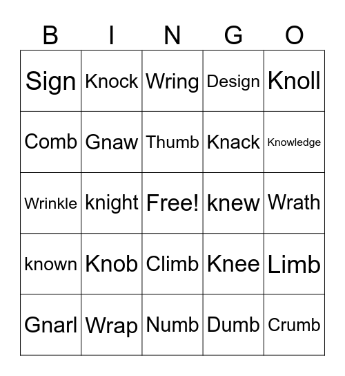 Silent Letters Spelling Bingo Card