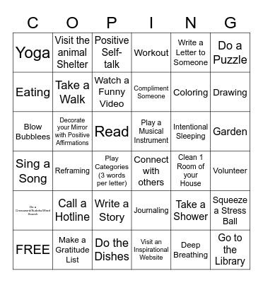 Coping Strategies Bingo Card