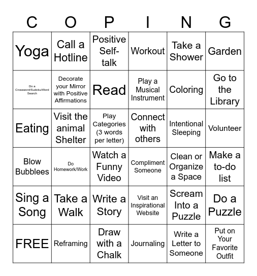 Coping Strategies Bingo Card