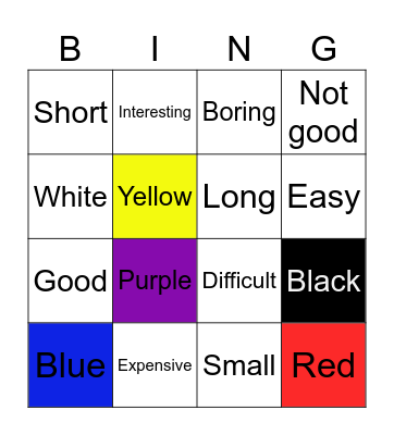 L1C8 Colors and Adjectives Bingo Card
