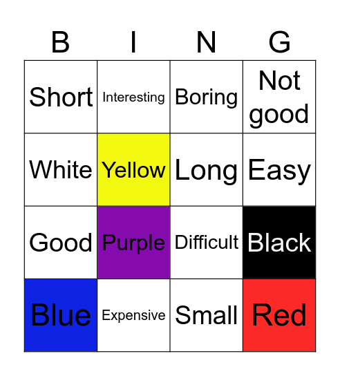 L1C8 Colors and Adjectives Bingo Card