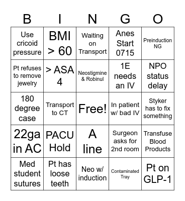 Anesthesia Bingo Card