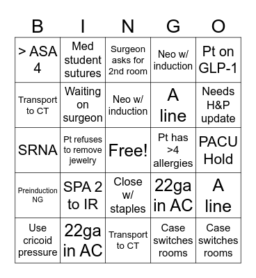 Anesthesia Bingo Card