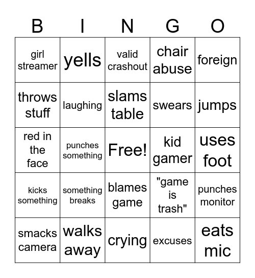 gamer rage bingo Card