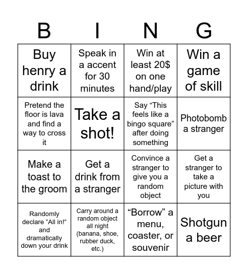 Henry's Bachelor Party Bingo Card