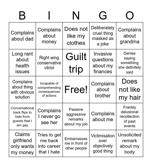 Visiting my mom bingo Card