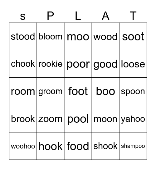 The two sounds of "oo" Bingo Card