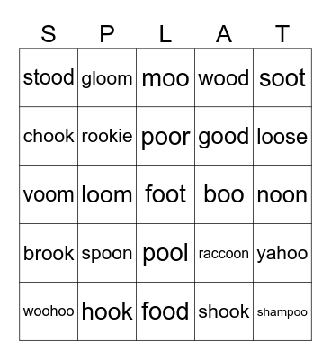The two sounds of "oo" Bingo Card