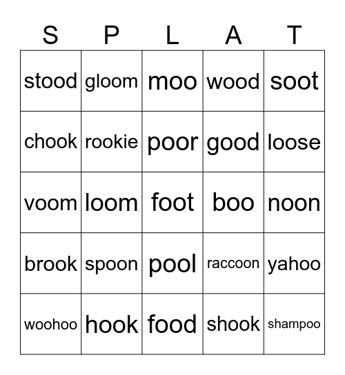 The two sounds of "oo" Bingo Card