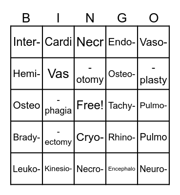 Medical Terminology Bingo Card