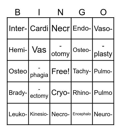 Medical Terminology Bingo Card