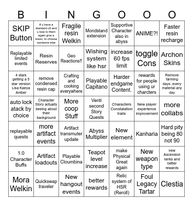 Genshin Impact Wishlist Bingo Card