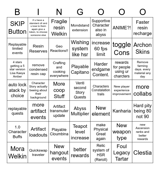 Genshin Impact Wishlist Bingo Card