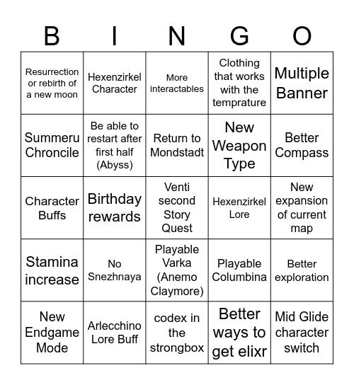 Genhsin 6.x Bingo Card Bingo Card