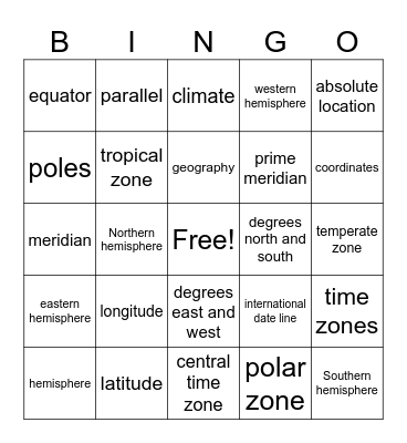 Geography Unit Vocab Bingo Card