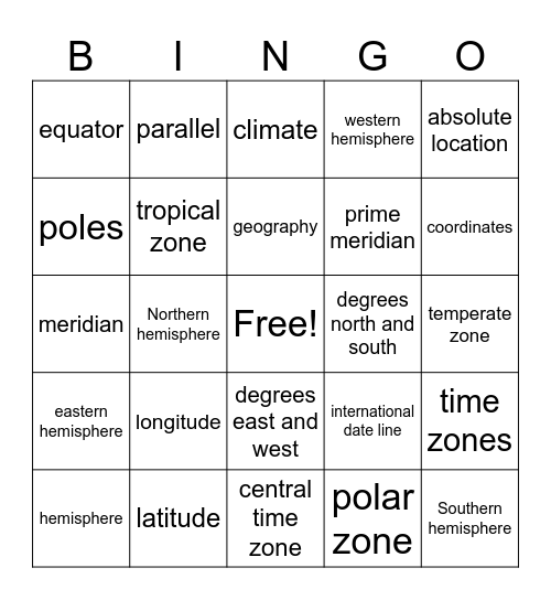Geography Unit Vocab Bingo Card