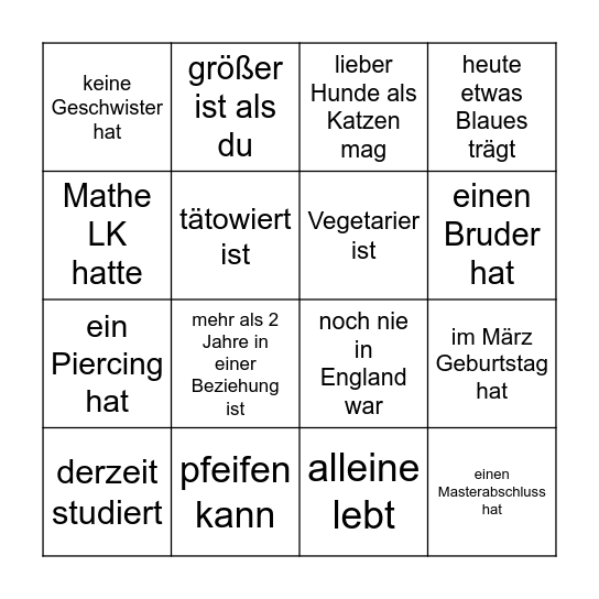 Finde einenen Gast, der Bingo Card