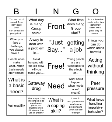 Gang Group Bingo Card