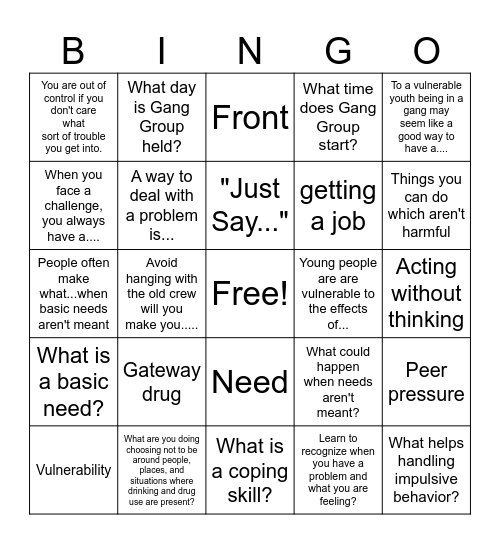 Gang Group Bingo Card