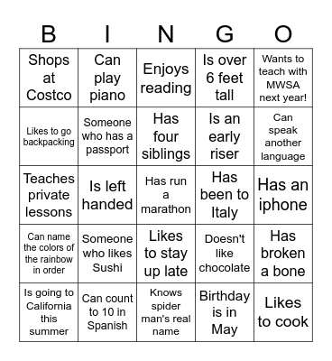 Get to know MWSA teachers! Bingo Card