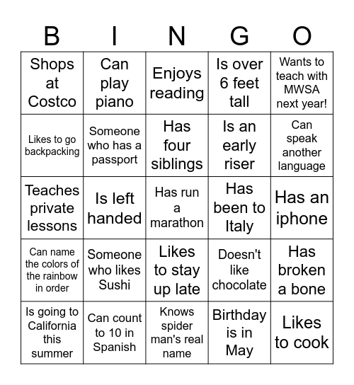 Get to know MWSA teachers! Bingo Card