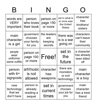 Dystopian Bingo Card