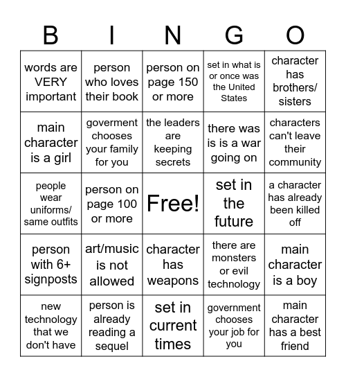 Dystopian Bingo Card